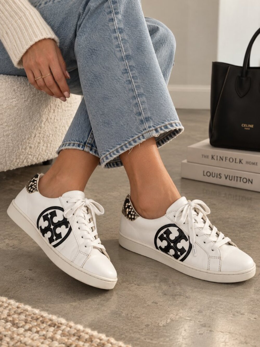 Tory Burch Leigh T-Logo White Leather Snake Print Sneakers Size 6.5